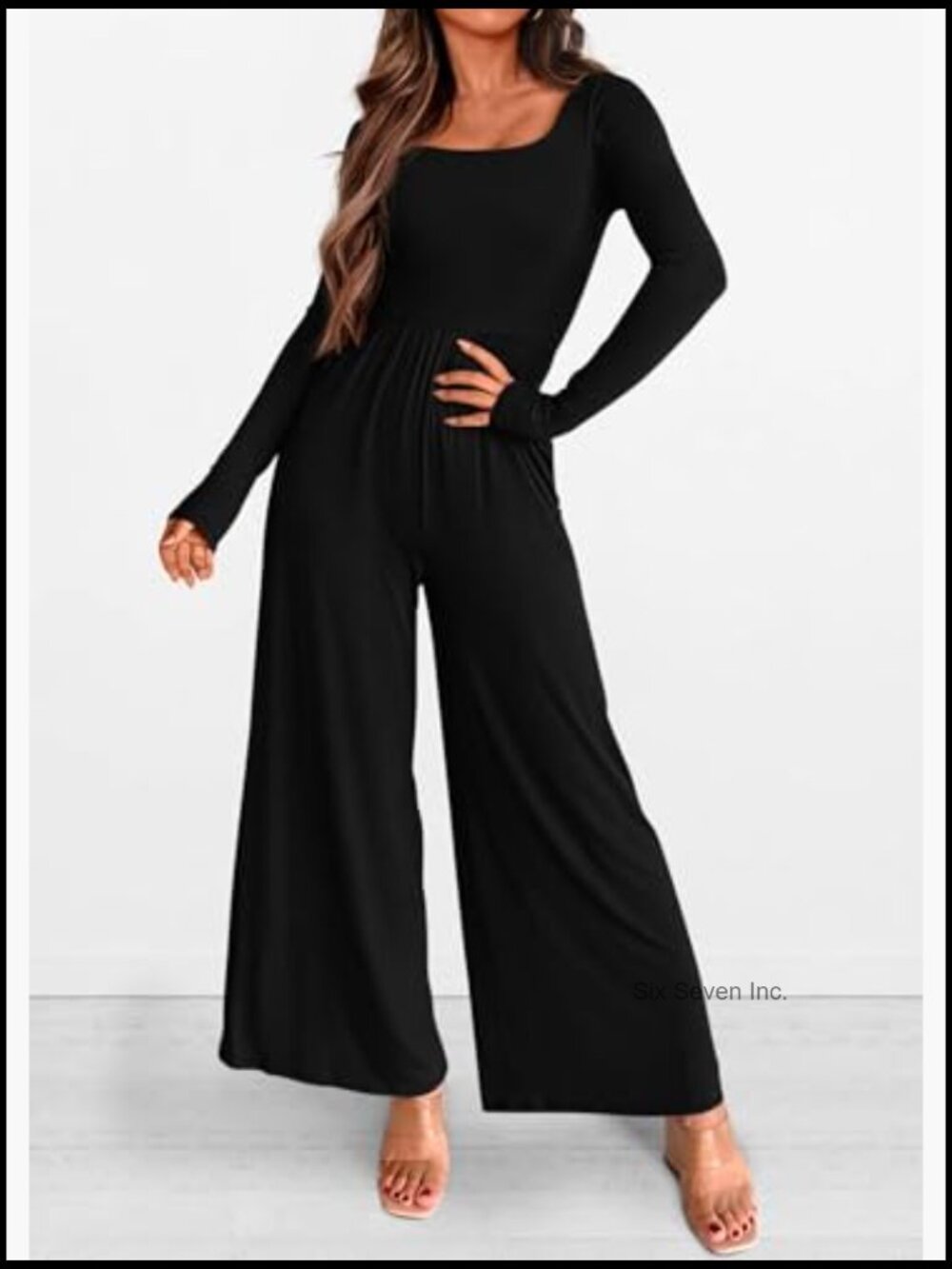 Long Sleeve Jumpsuit for Women Square Neck Wide Leg Pockets Romper - Picture 5 of 7